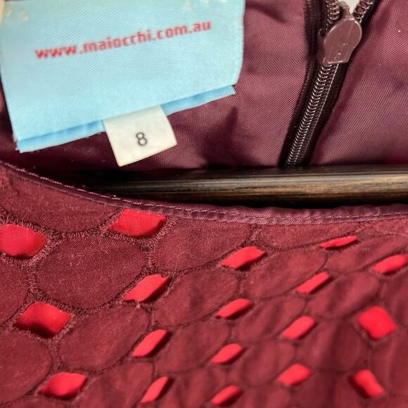 Maiocchi Broderie Anglaise Dress Women’s SZ 8 Burgundy Cotton Red Lining - Picture 4 of 15